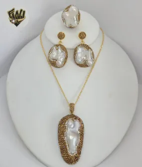 (1-6276) Gold Plated - Natural Pearl and Zircon Set - 20.