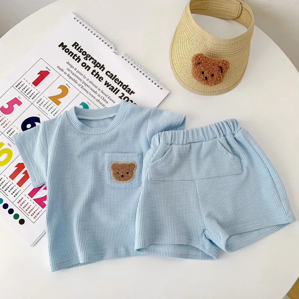 2022 Boys and Girls Summer Simple Bear Short Sleeve Shorts Set Baby Two Piece Set