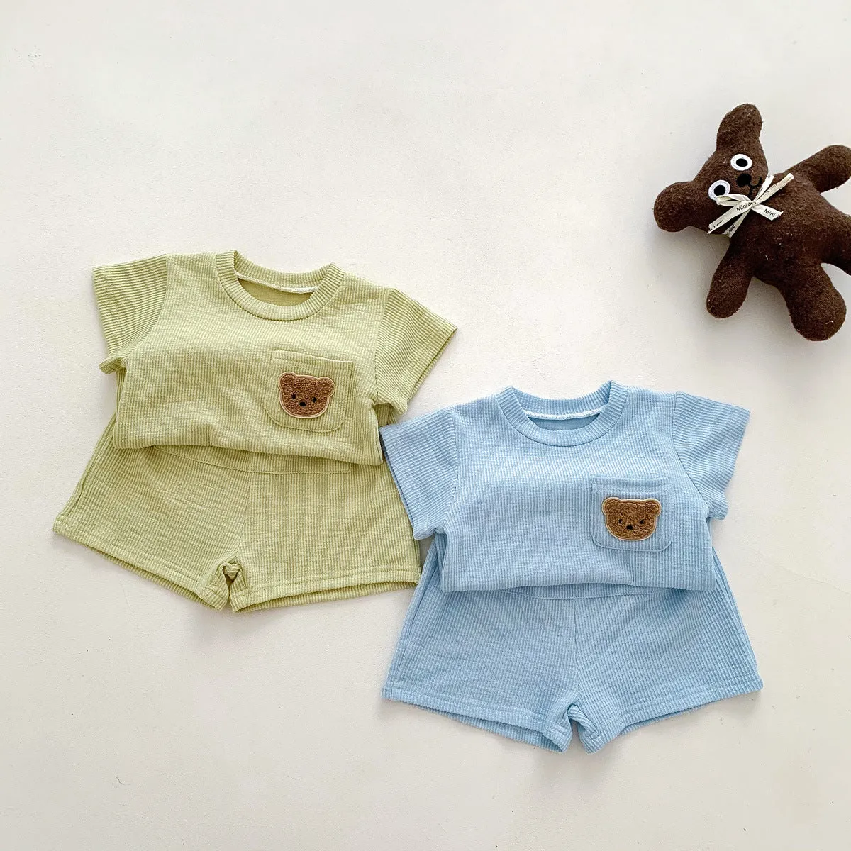 2022 Boys and Girls Summer Simple Bear Short Sleeve Shorts Set Baby Two Piece Set