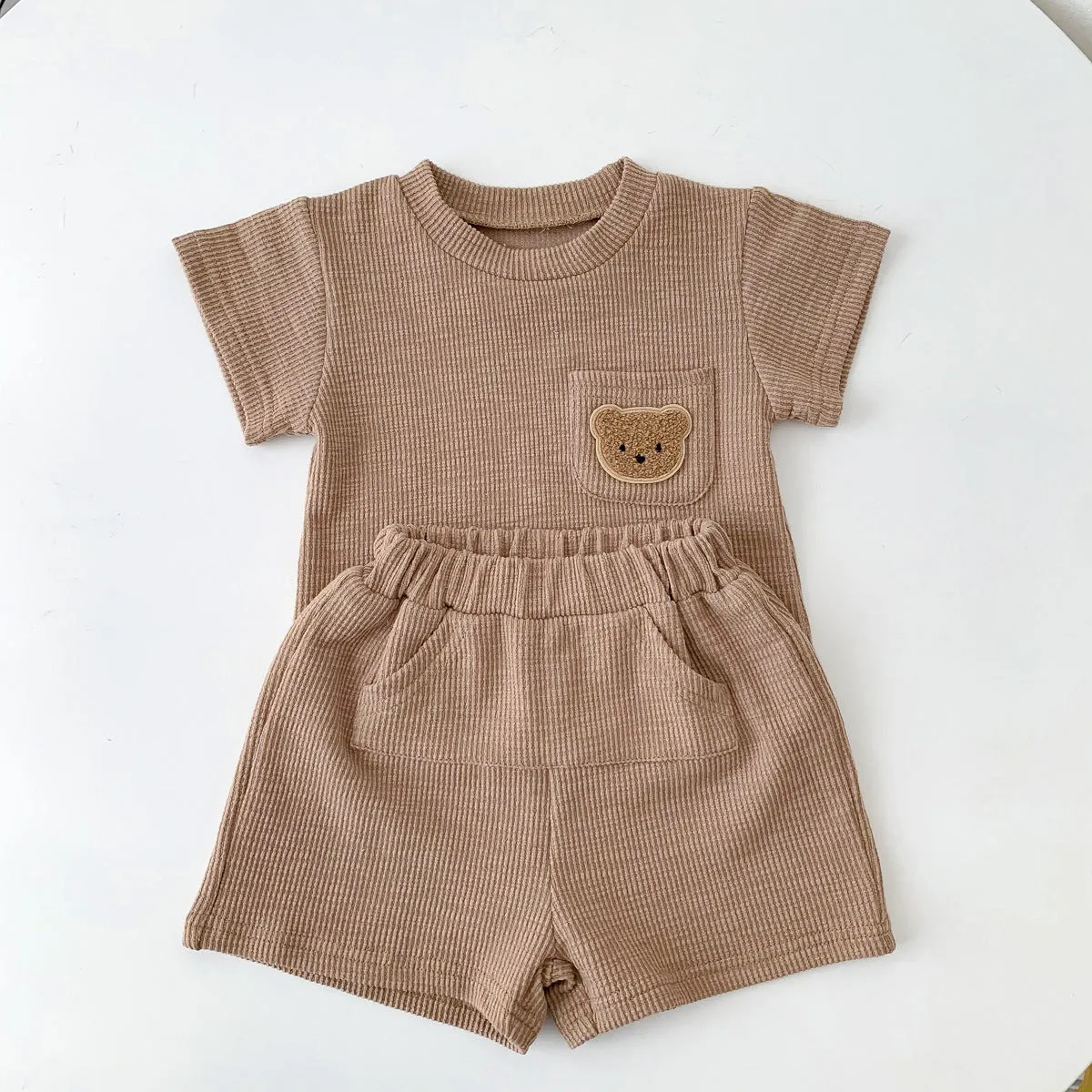 2022 Boys and Girls Summer Simple Bear Short Sleeve Shorts Set Baby Two Piece Set