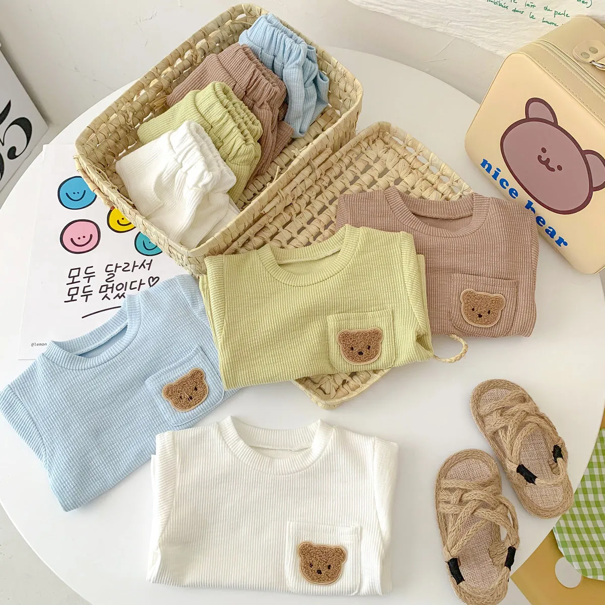 2022 Boys and Girls Summer Simple Bear Short Sleeve Shorts Set Baby Two Piece Set