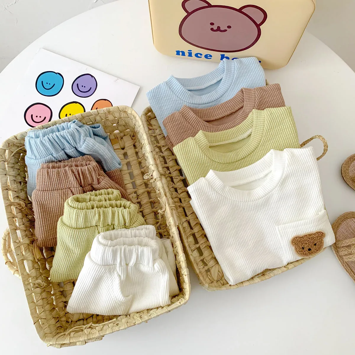 2022 Boys and Girls Summer Simple Bear Short Sleeve Shorts Set Baby Two Piece Set