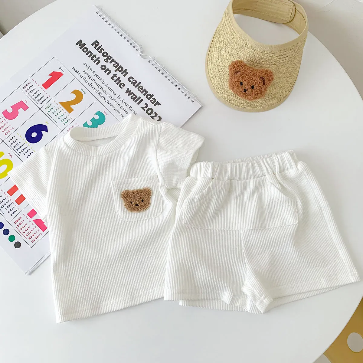 2022 Boys and Girls Summer Simple Bear Short Sleeve Shorts Set Baby Two Piece Set