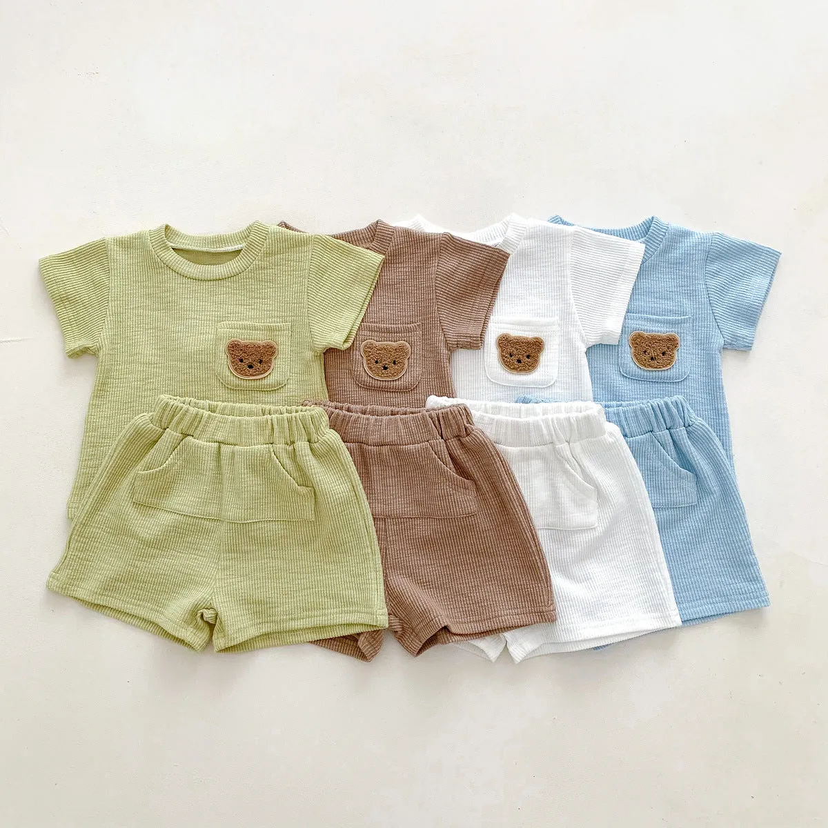 2022 Boys and Girls Summer Simple Bear Short Sleeve Shorts Set Baby Two Piece Set