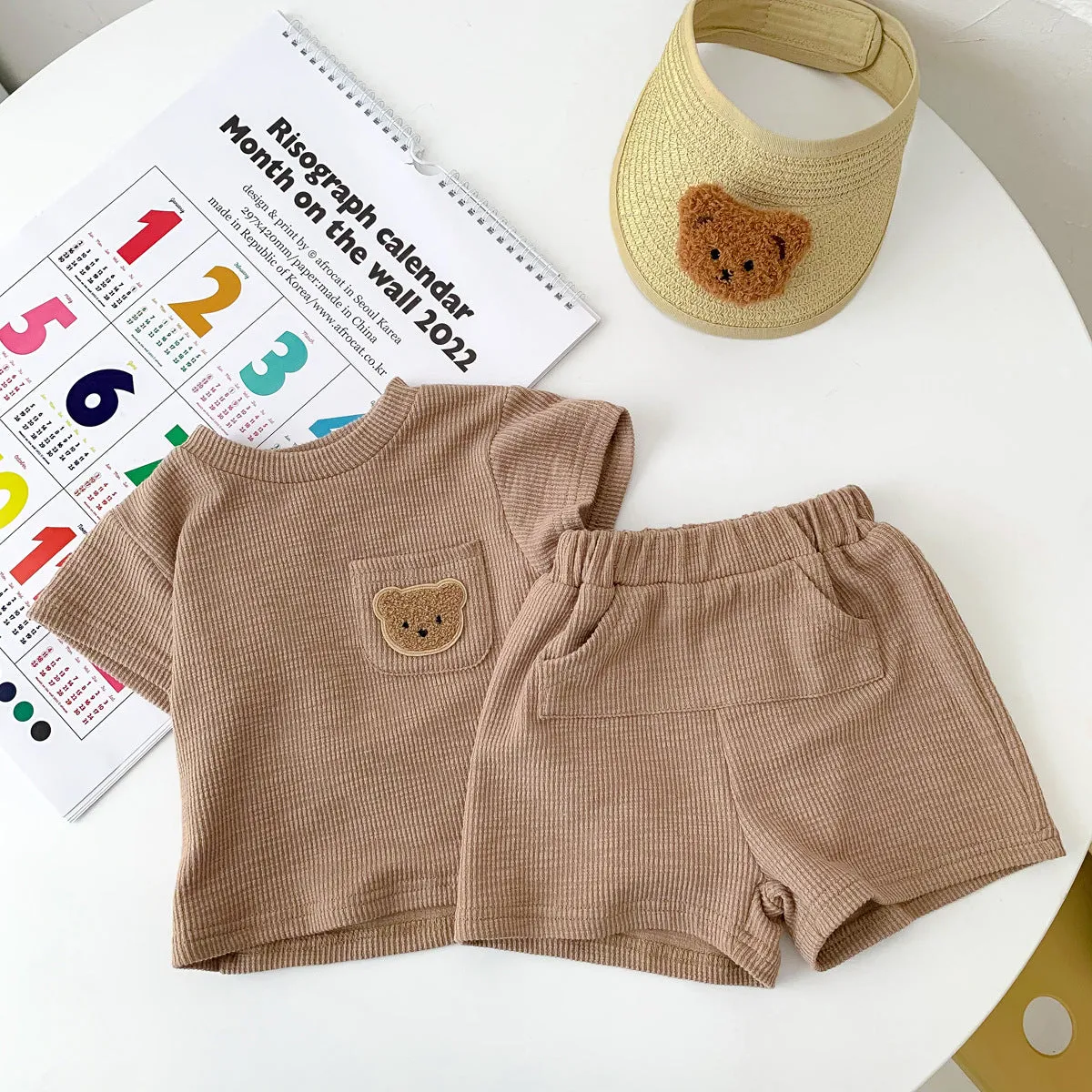 2022 Boys and Girls Summer Simple Bear Short Sleeve Shorts Set Baby Two Piece Set