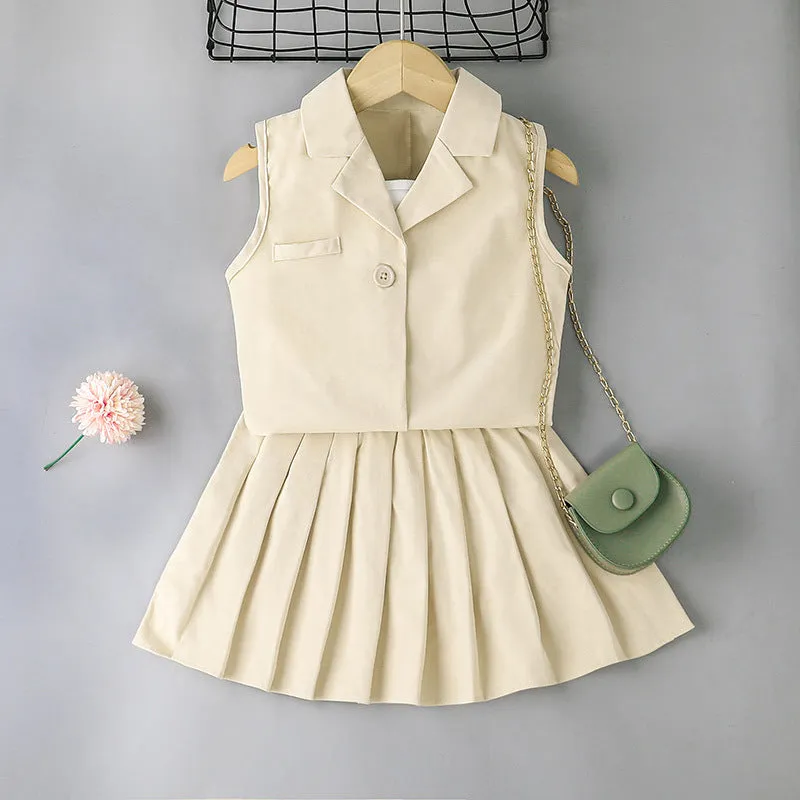 2022 Summer Girls' Sling T-shirt skirt vest Coat Three-piece Set