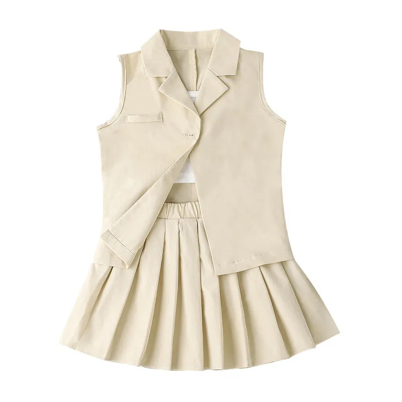 2022 Summer Girls' Sling T-shirt skirt vest Coat Three-piece Set