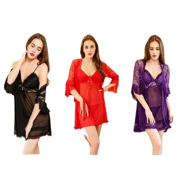 3Pc Beautiful Lace Gown Nightwear