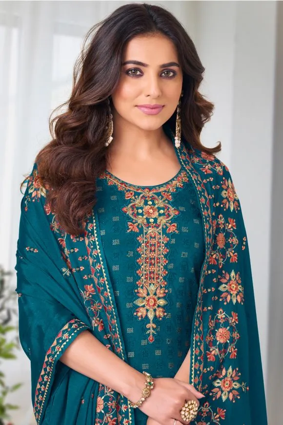 Alluring Teal Blue Colored Sequins Work Chinon Embroidery Work Salwar Suits