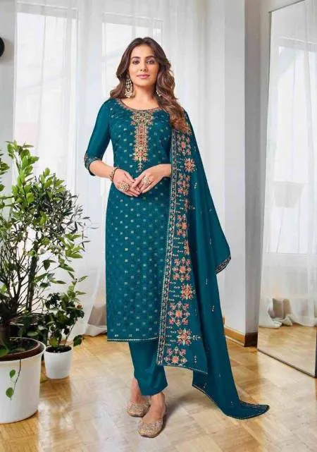 Alluring Teal Blue Colored Sequins Work Chinon Embroidery Work Salwar Suits