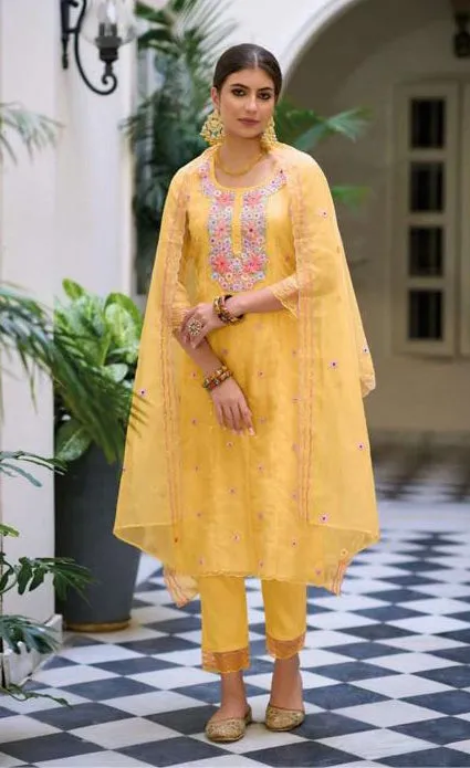 Amazing Yellow Color Heavy Organza Fancy Embroidery Kurti Salwar Suits With Dupatta