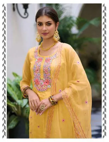 Amazing Yellow Color Heavy Organza Fancy Embroidery Kurti Salwar Suits With Dupatta