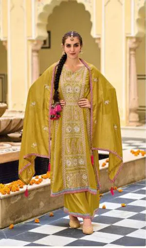 Appealing Mustard Yellow Designer And Embroidered Work Palazzo Suits With Fancy Dupatta