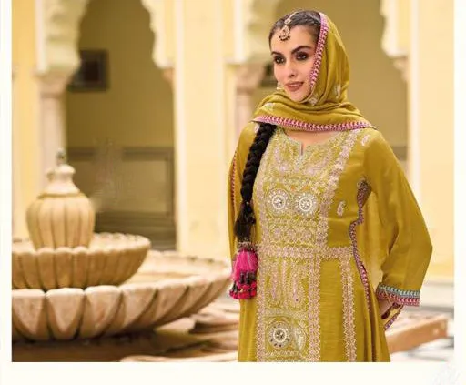 Appealing Mustard Yellow Designer And Embroidered Work Palazzo Suits With Fancy Dupatta