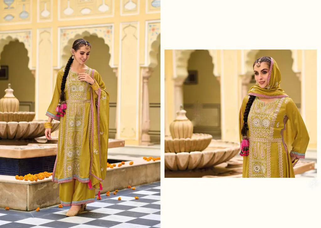 Appealing Mustard Yellow Designer And Embroidered Work Palazzo Suits With Fancy Dupatta