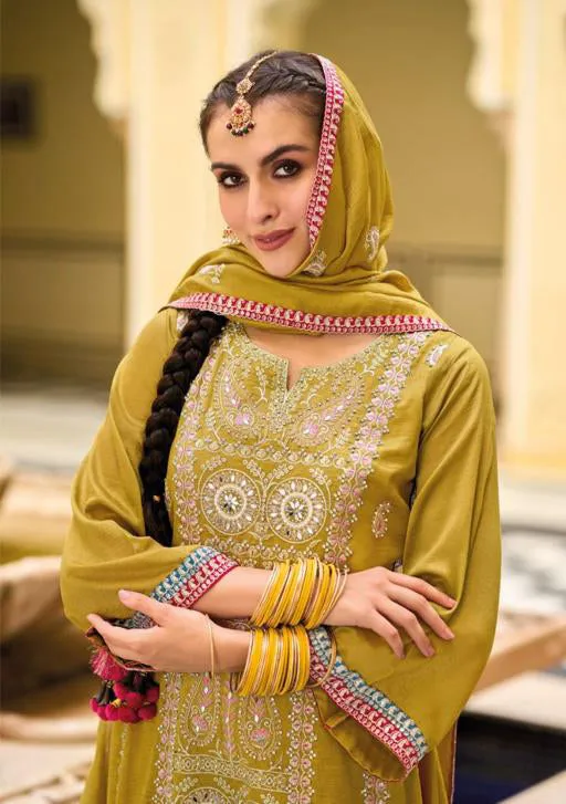 Appealing Mustard Yellow Designer And Embroidered Work Palazzo Suits With Fancy Dupatta