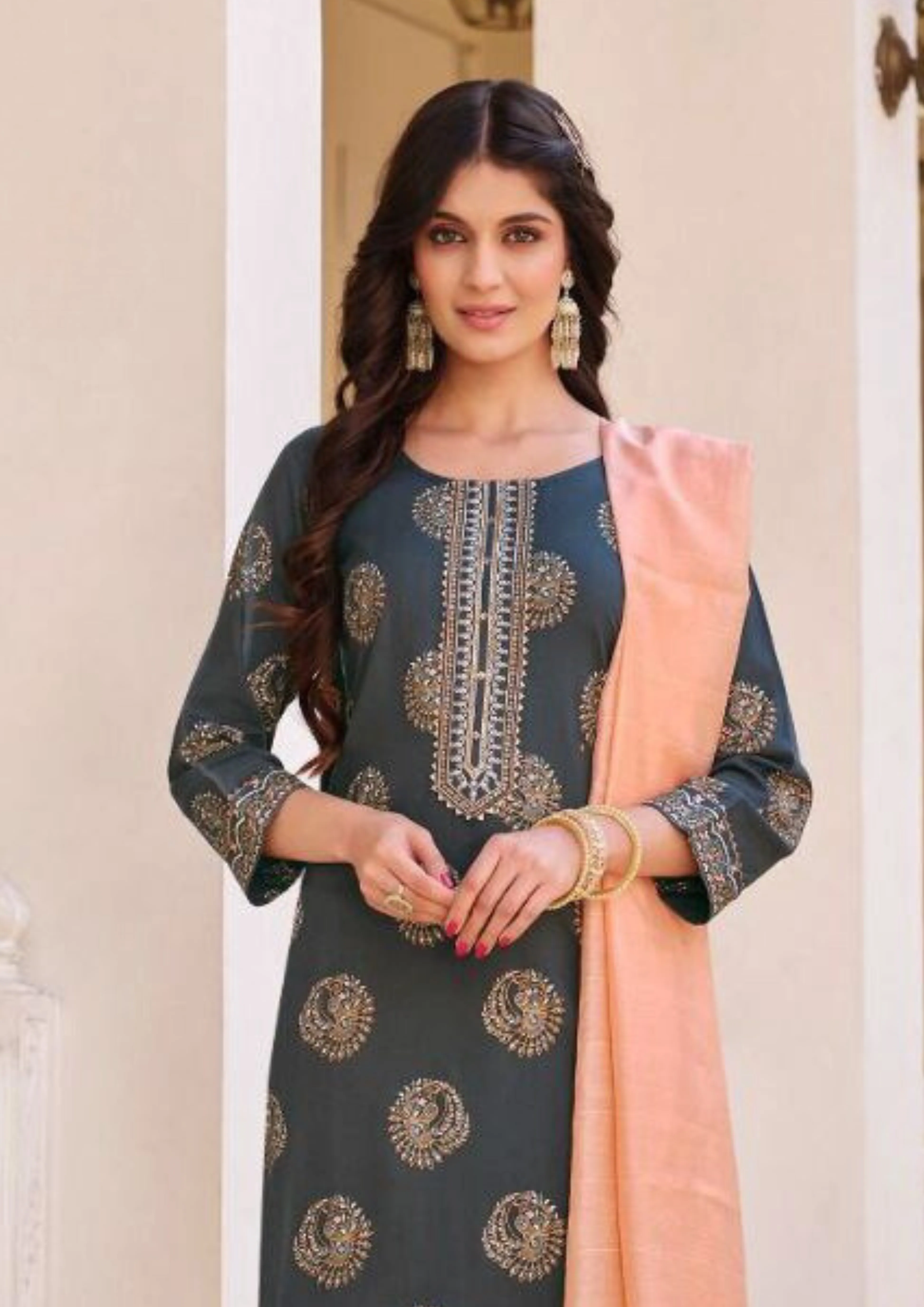 Attractive Dark Blue color Rayon With Classy Gold Print Fancy Embroidery Work