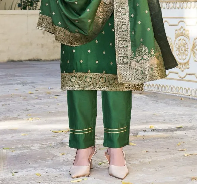 Attractive Green Color Designer Jacquard And Khatli Work Salwar Suits With Dupatta For Women