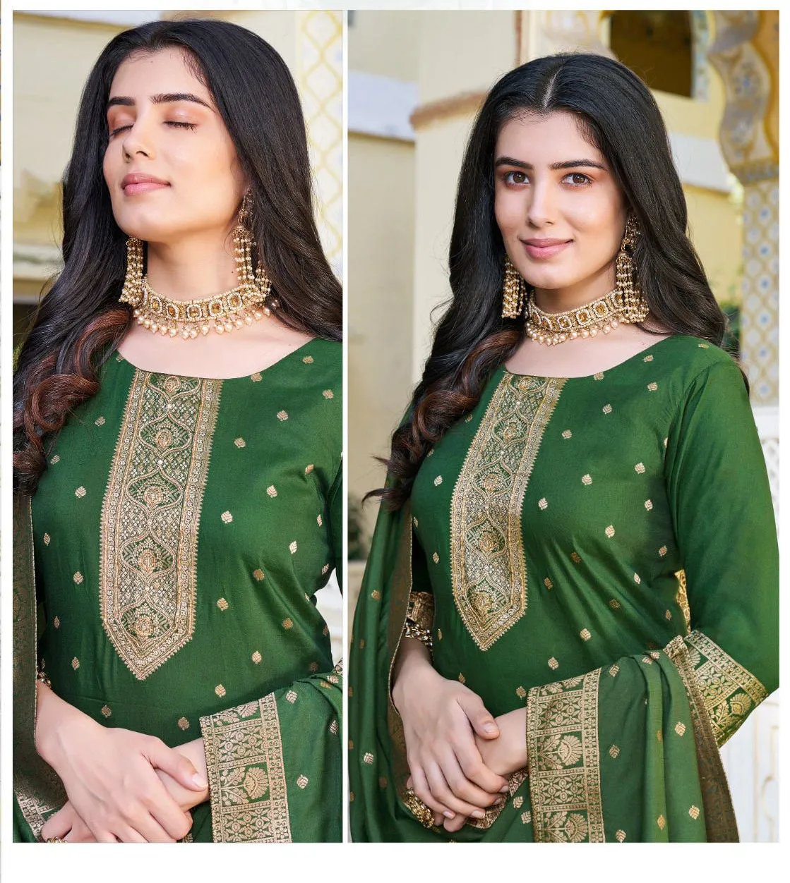 Attractive Green Color Designer Jacquard And Khatli Work Salwar Suits With Dupatta For Women