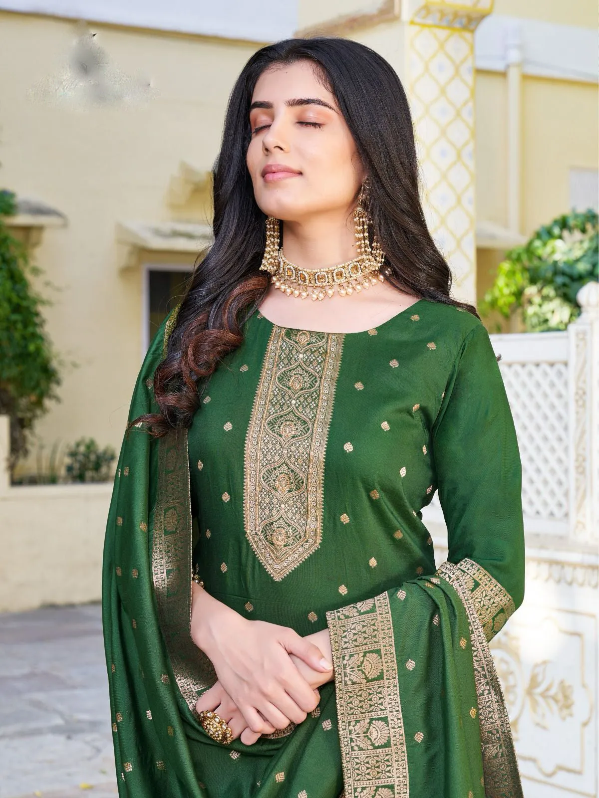 Attractive Green Color Designer Jacquard And Khatli Work Salwar Suits With Dupatta For Women