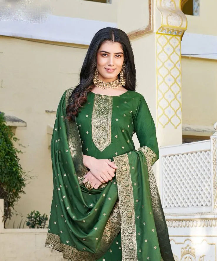 Attractive Green Color Designer Jacquard And Khatli Work Salwar Suits With Dupatta For Women