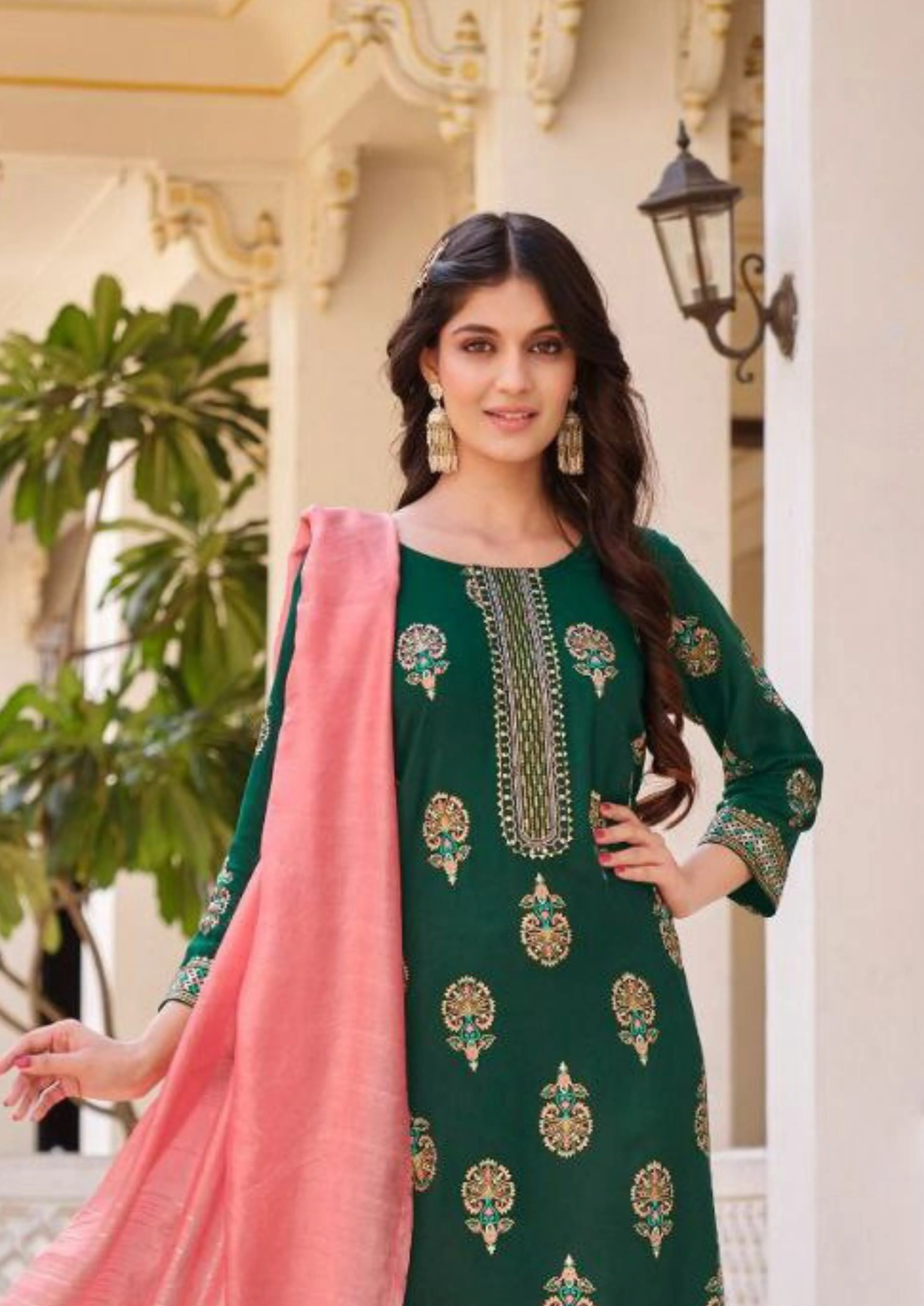 Attractive Green color Rayon With Classy Gold Print Fancy Embroidery Work