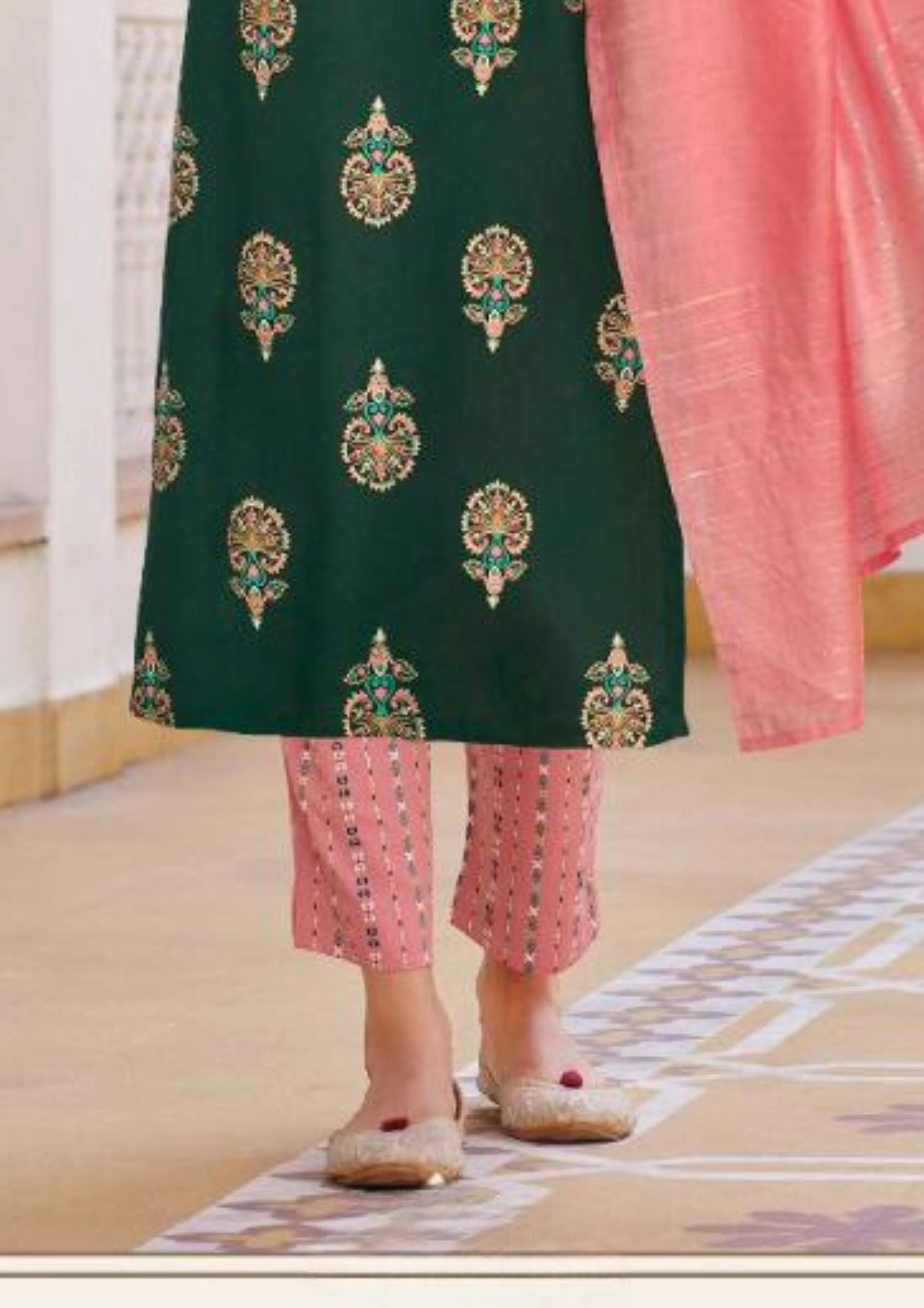 Attractive Green color Rayon With Classy Gold Print Fancy Embroidery Work