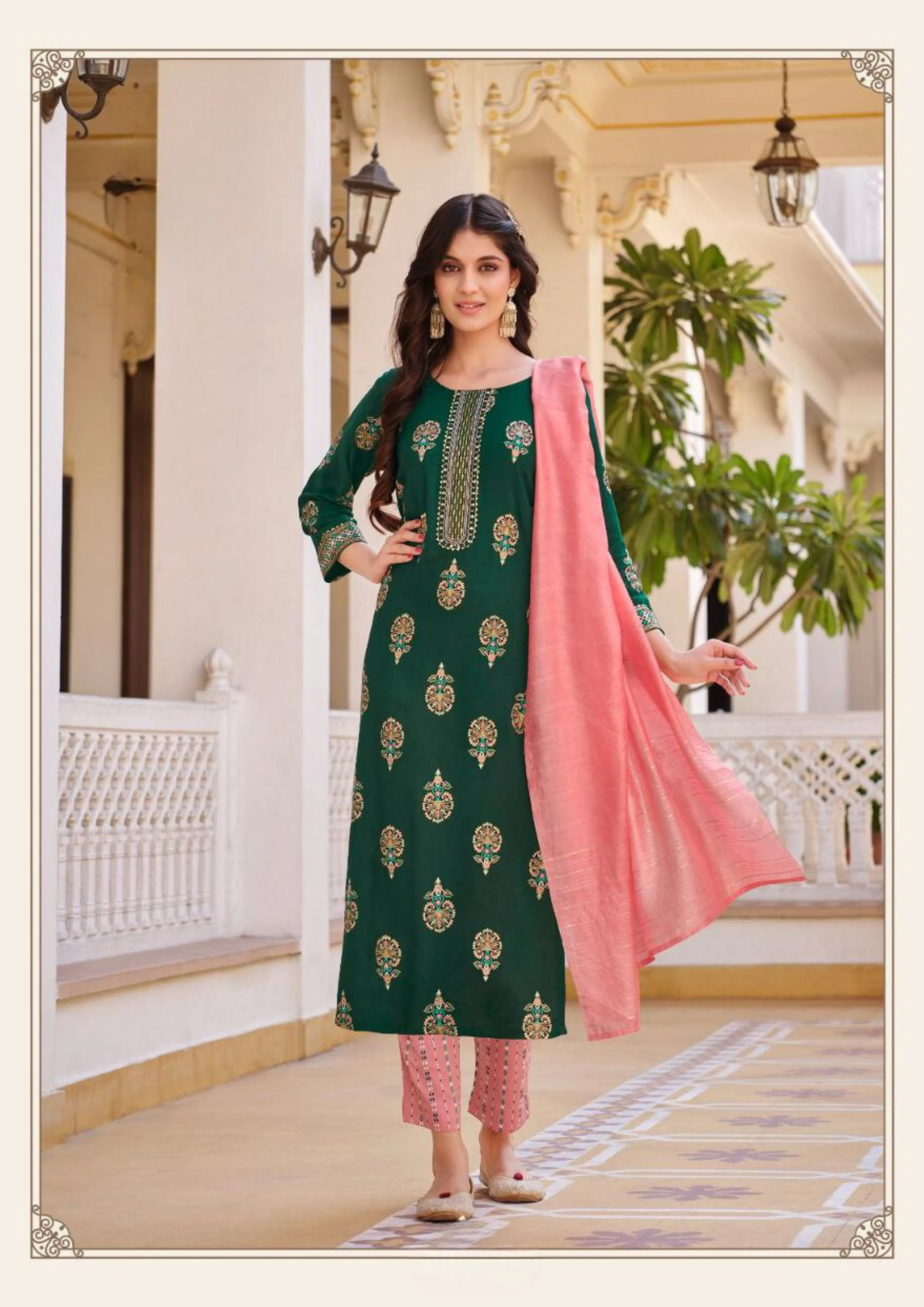 Attractive Green color Rayon With Classy Gold Print Fancy Embroidery Work