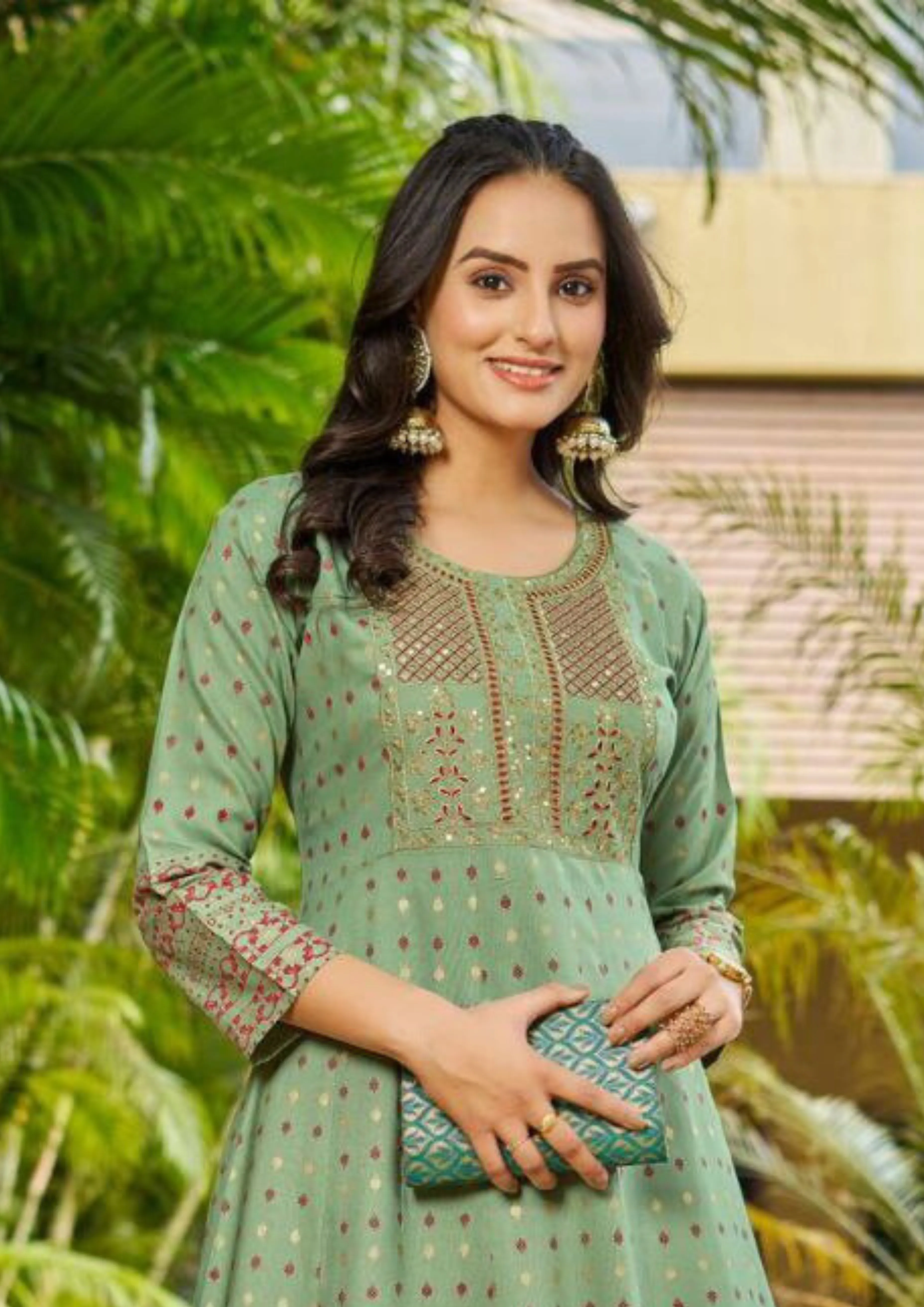 Attractive Light Green Color Rayon Foil Print Anarkali Gown With  Embroidery Work