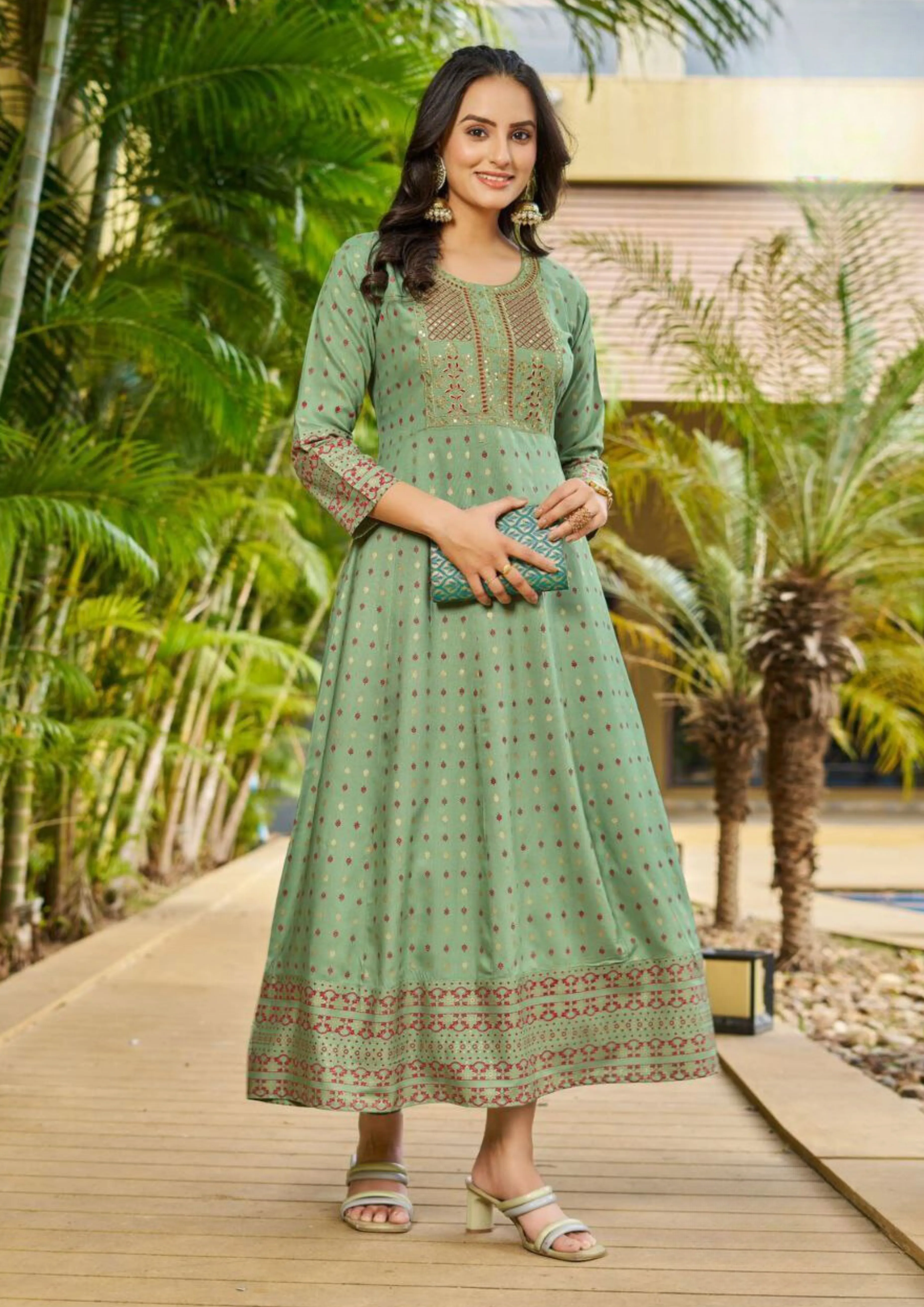 Attractive Light Green Color Rayon Foil Print Anarkali Gown With  Embroidery Work