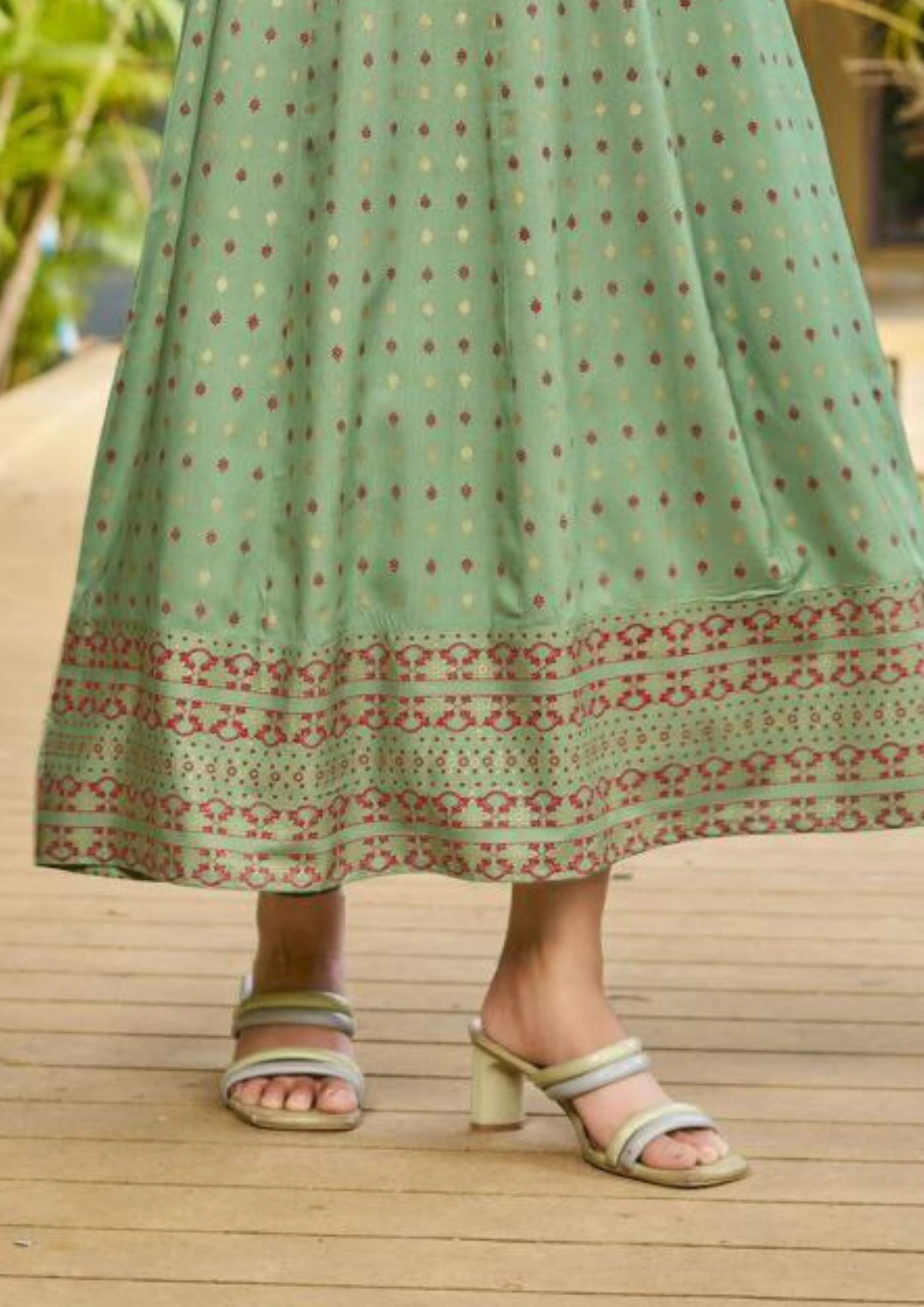 Attractive Light Green Color Rayon Foil Print Anarkali Gown With  Embroidery Work