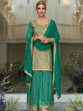 Attractive Premium Silk Party Wear Palazzo In Green With Embroidery Work