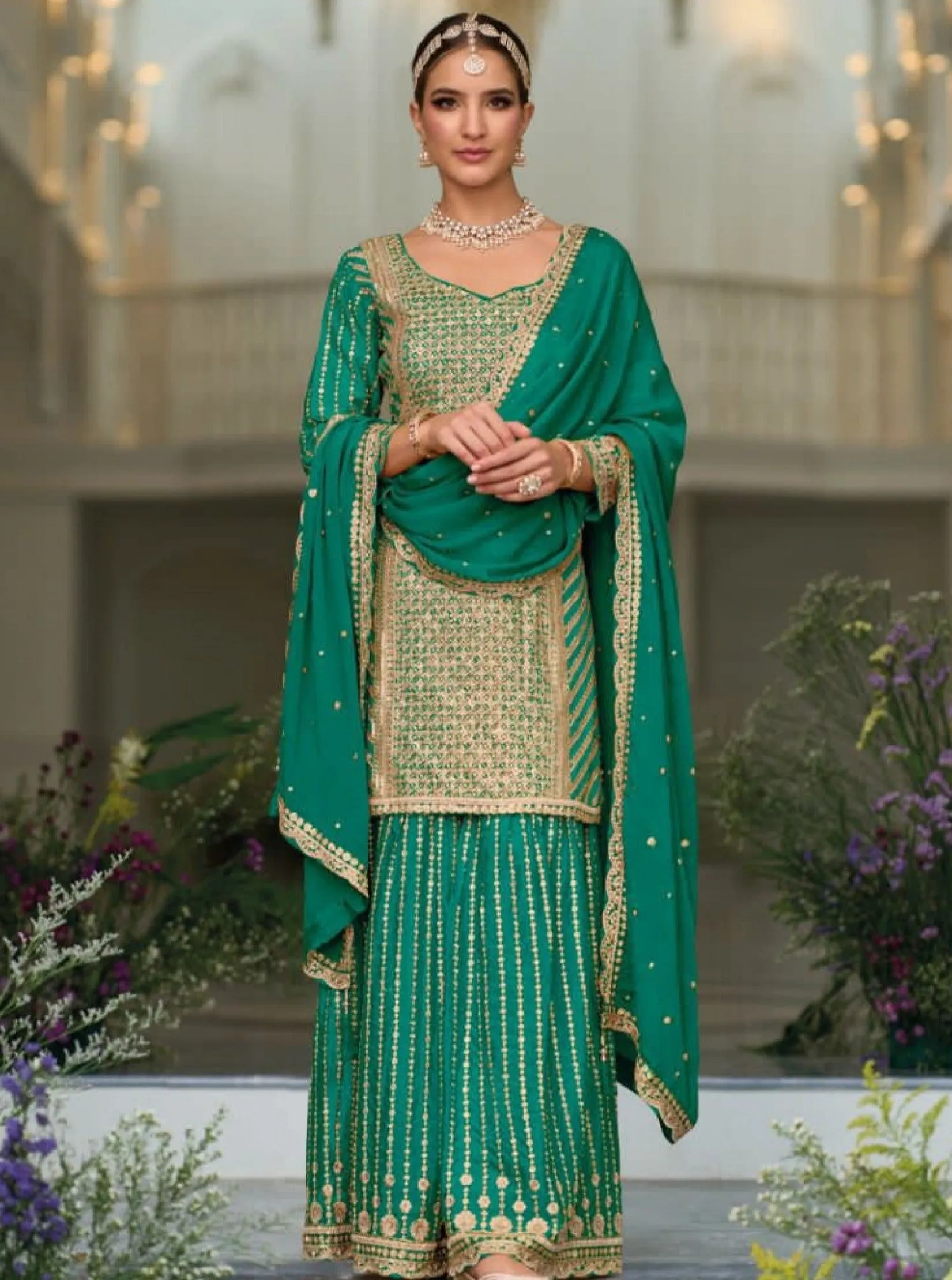 Attractive Premium Silk Party Wear Palazzo In Green With Embroidery Work