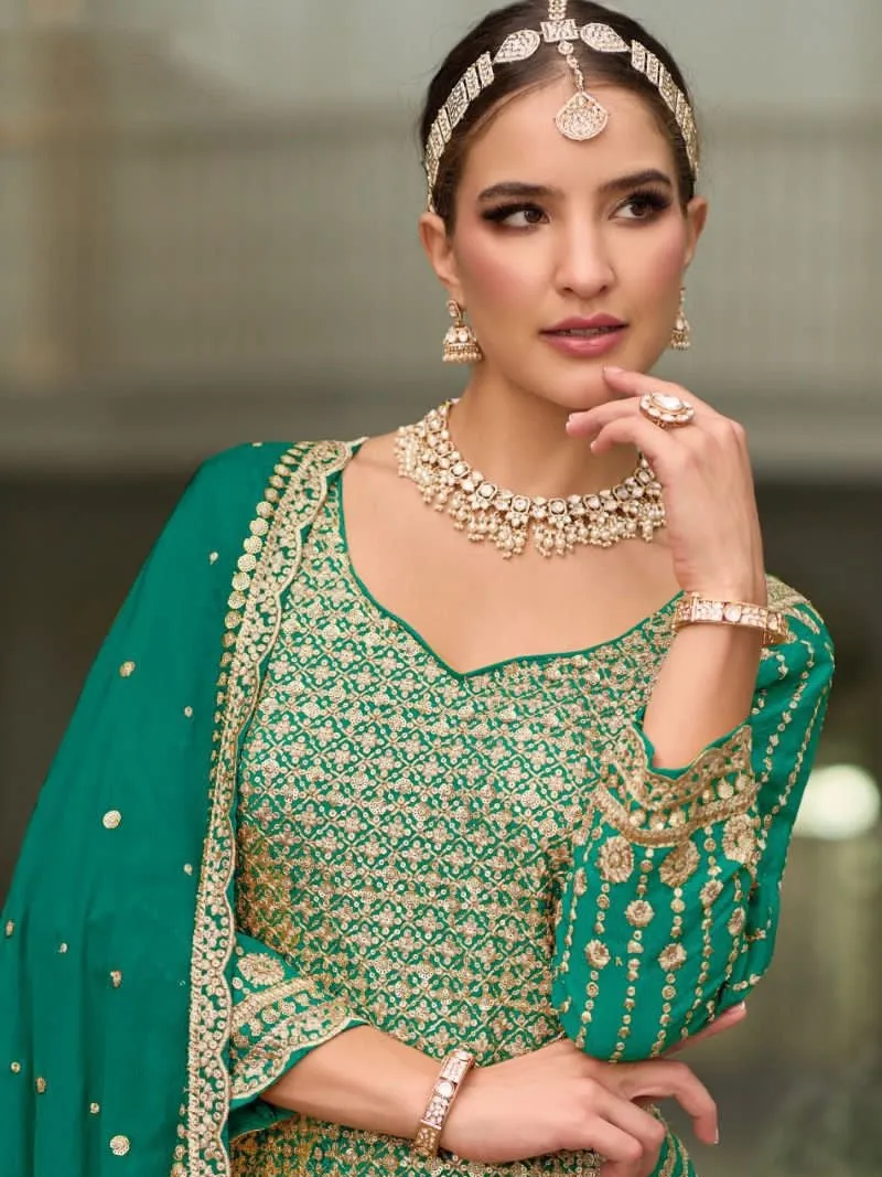 Attractive Premium Silk Party Wear Palazzo In Green With Embroidery Work