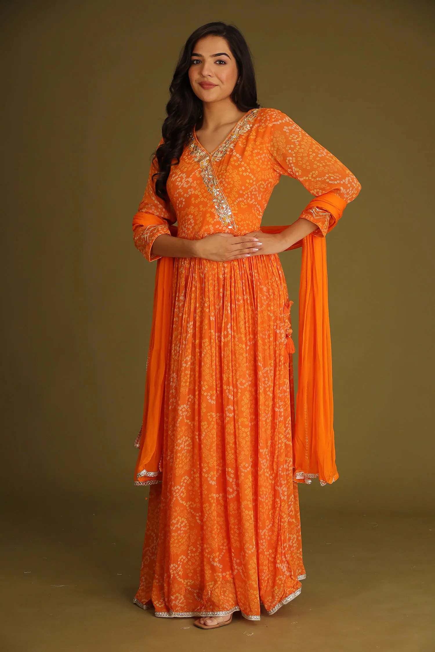 Bandhej Georgette Anarkali Suit With Gota Patti Work