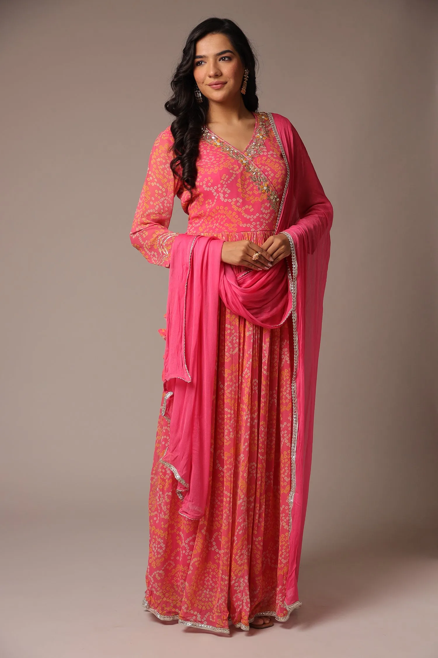 Bandhej Georgette Anarkali Suit With Gota Patti Work