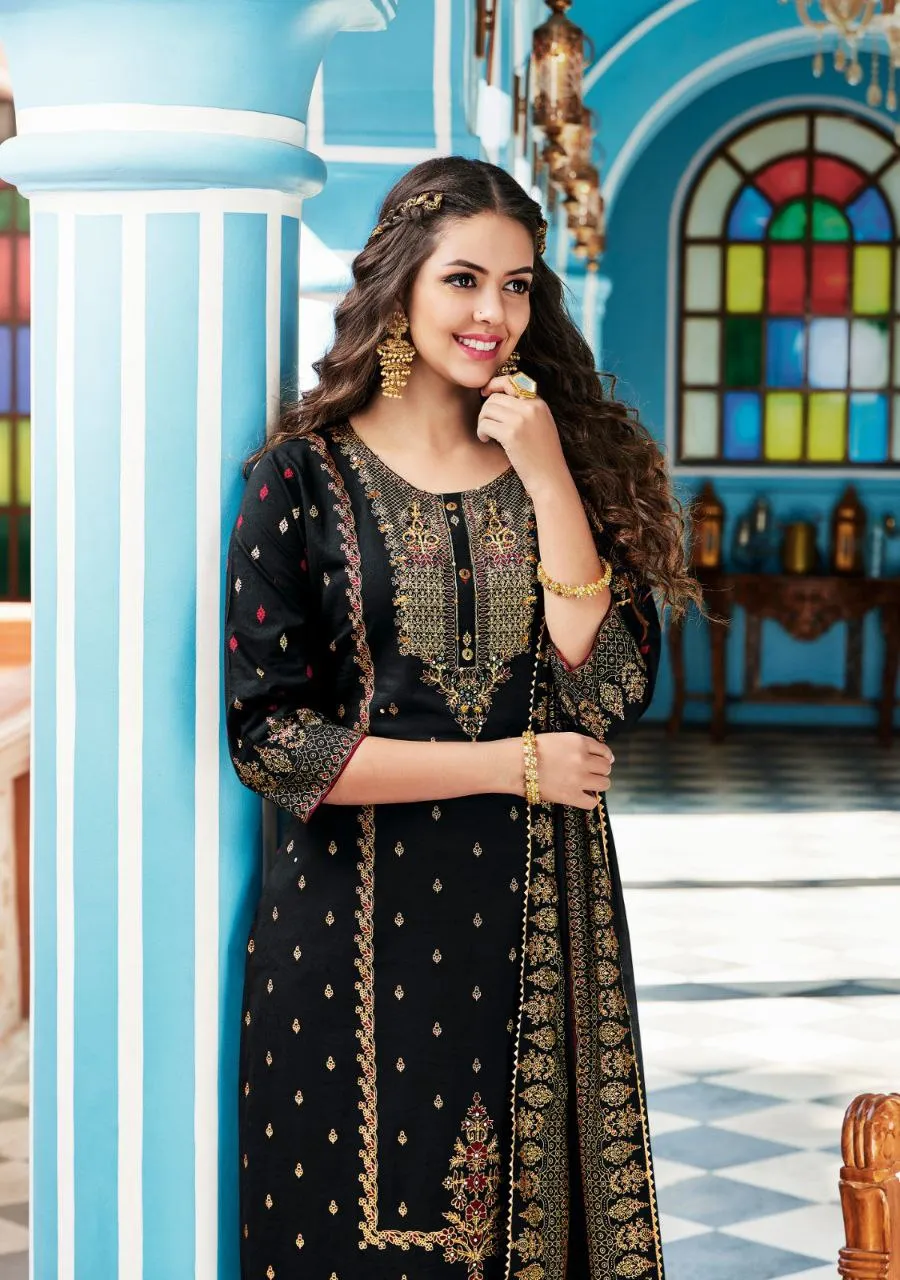 Beautiful Black Colored Cotton Palazzo Suits With Pure Khatli Work