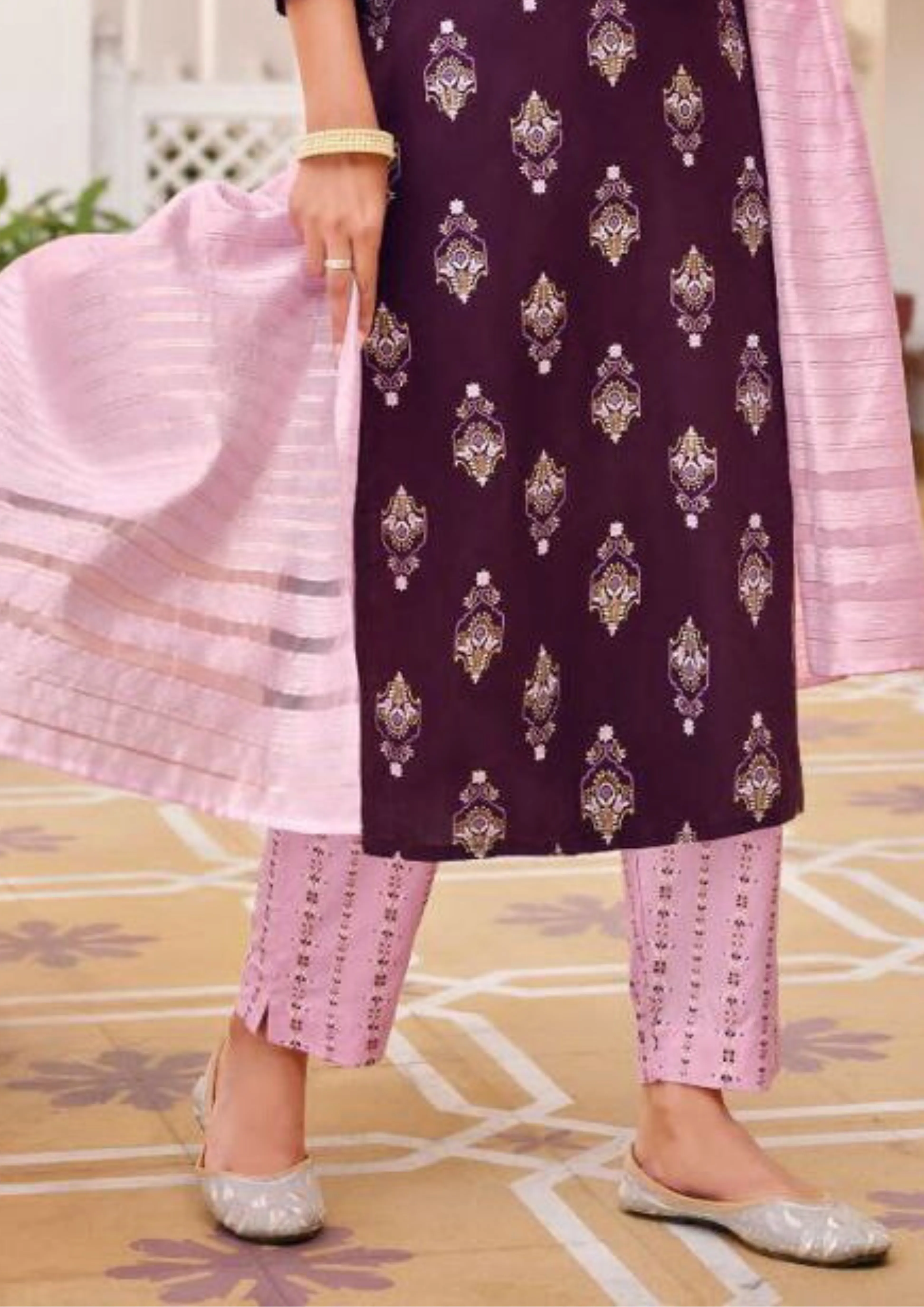 Beautiful Purple color Rayon With Classy Gold Print Fancy Embroidery Work