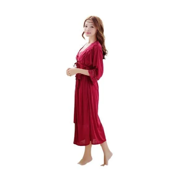 Best Bridal Red Nighty | 2Pc Silk Bridal Long Night Gown set | Women Loungewear