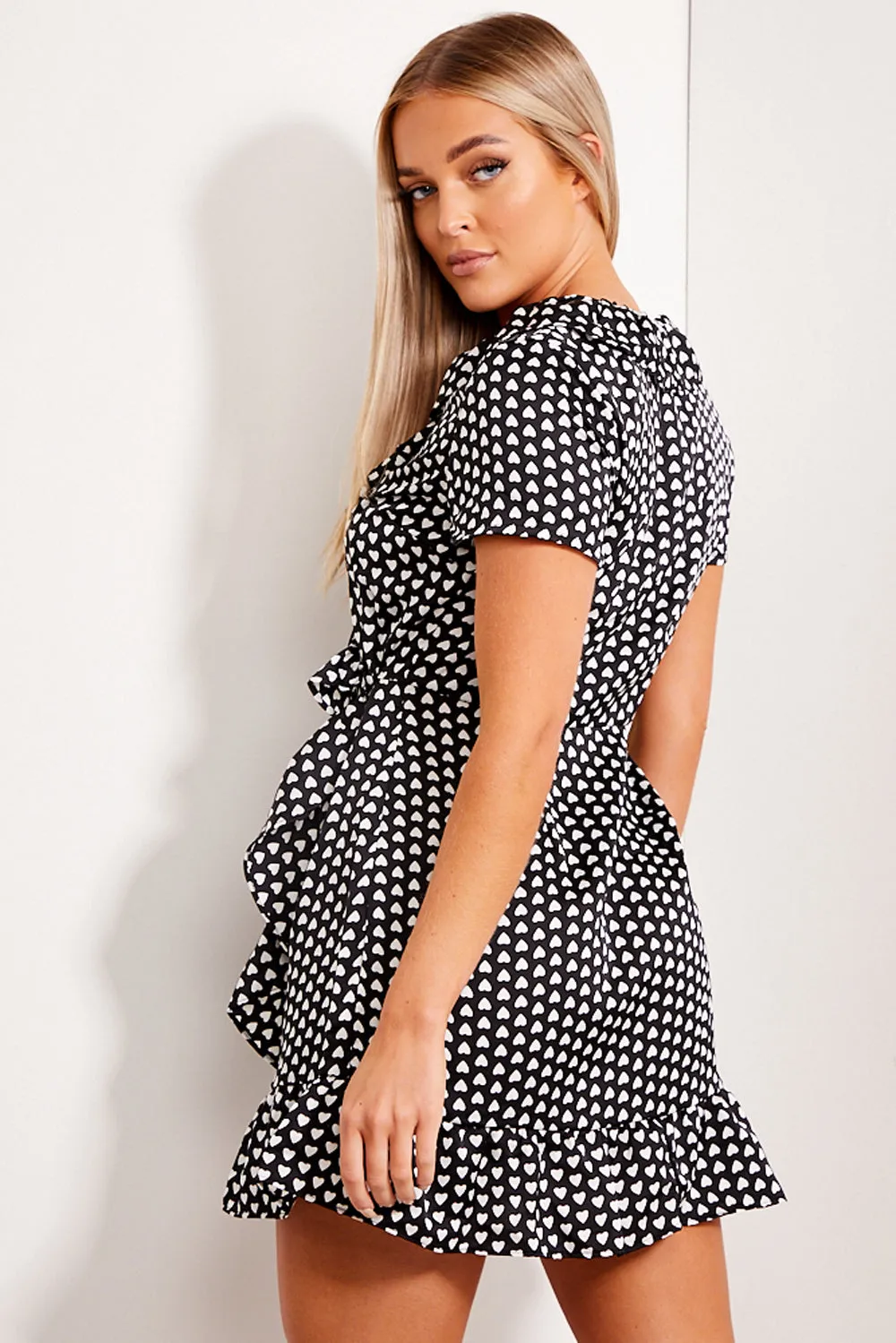 Black and White Heart Print Frill Detail Tea Dress