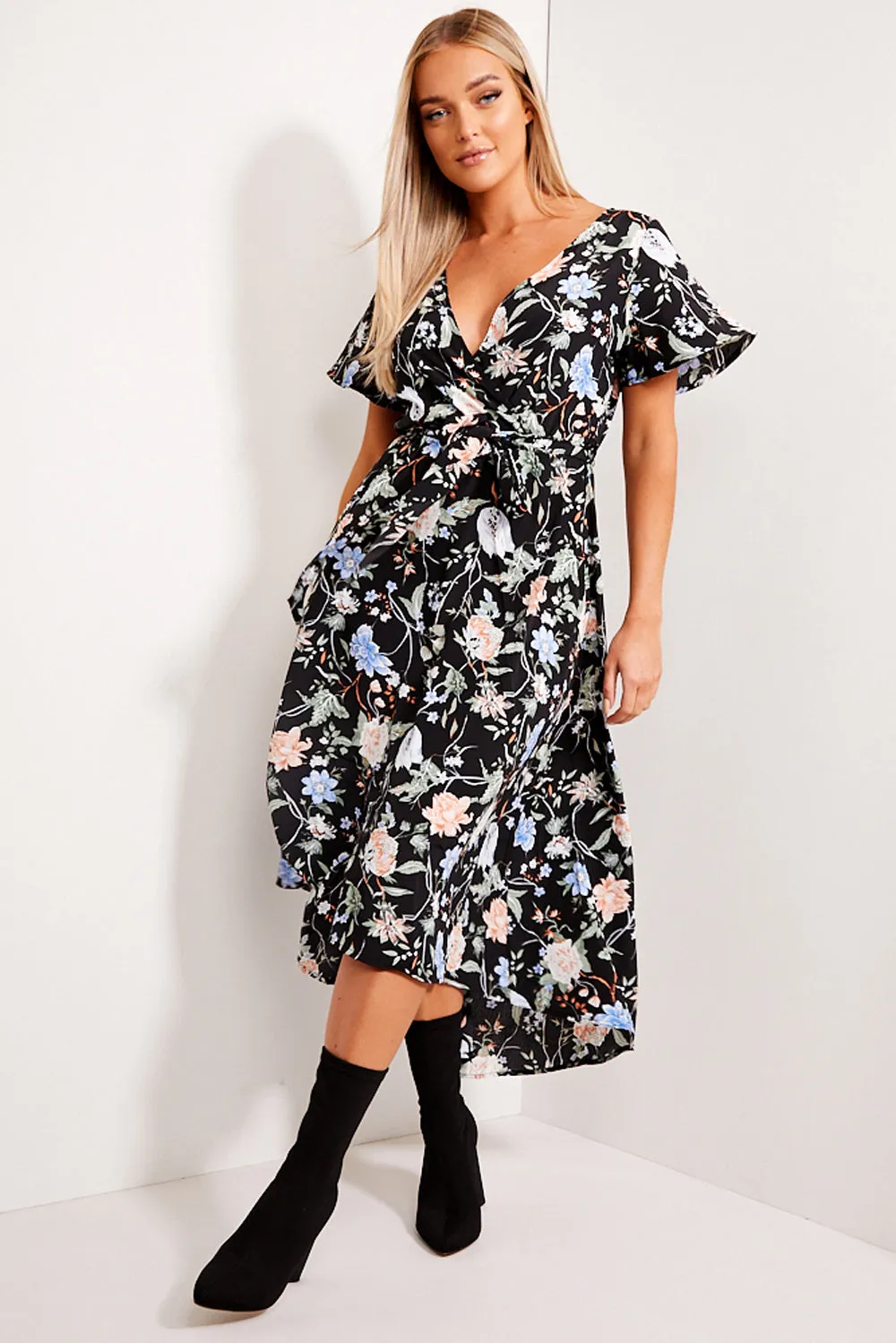 Black Floral Print Tie Waist Maxi Dress