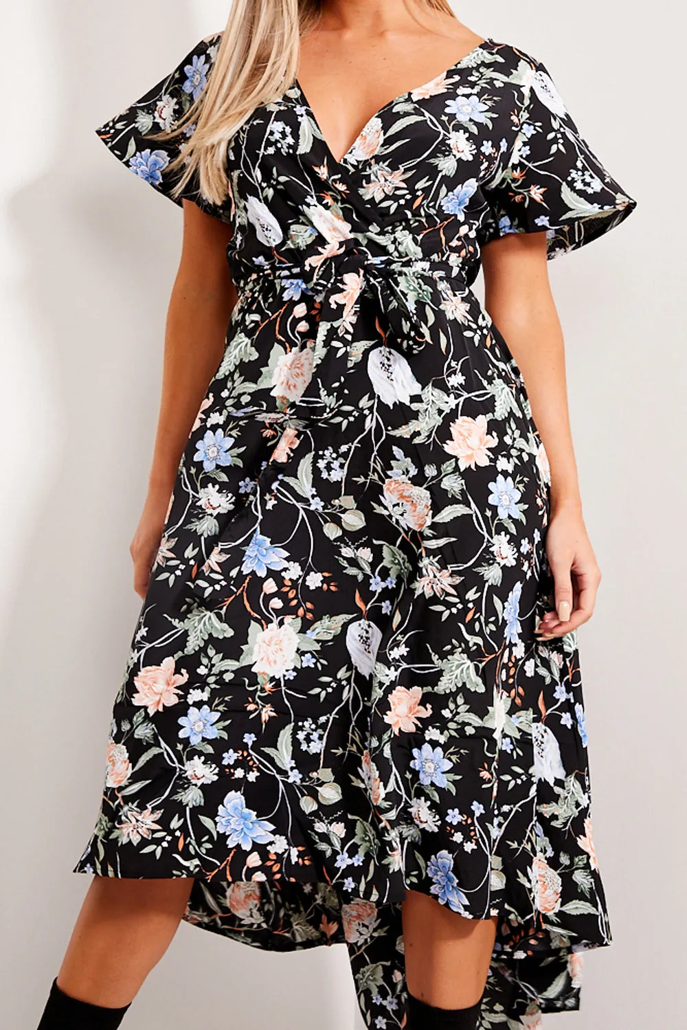 Black Floral Print Tie Waist Maxi Dress