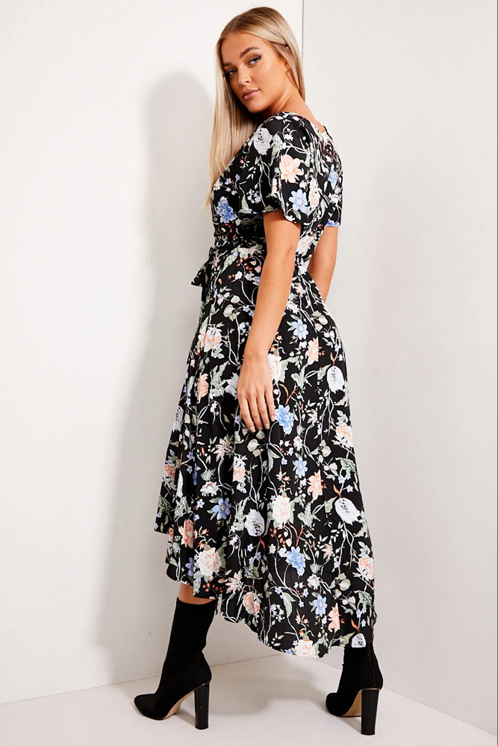 Black Floral Print Tie Waist Maxi Dress