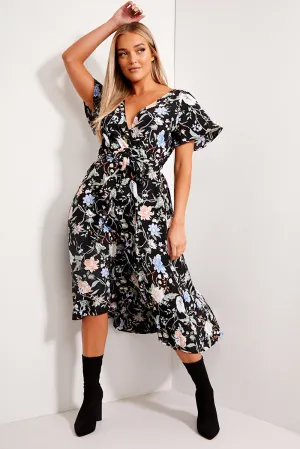 Black Floral Print Tie Waist Maxi Dress