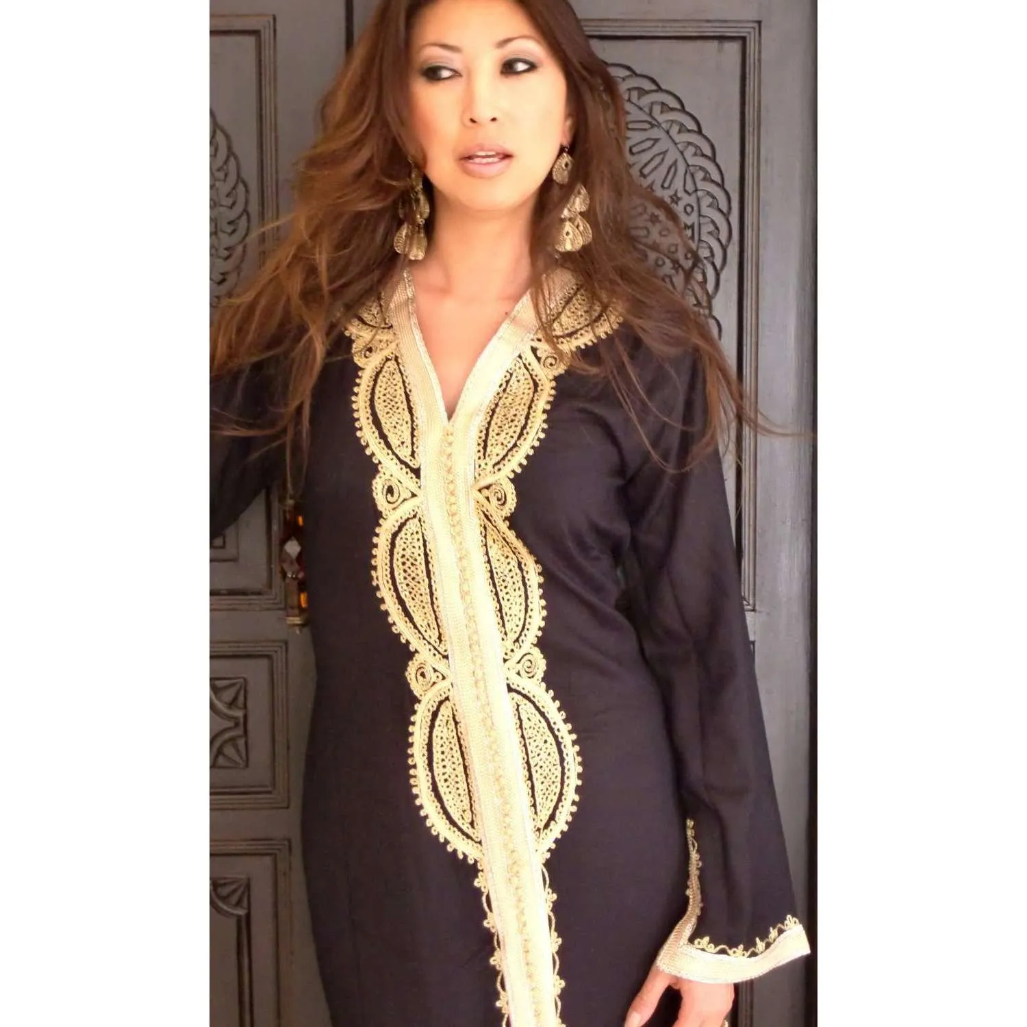 Black Kaftan Moroccan Lounge Maxi Dress -Lella Style