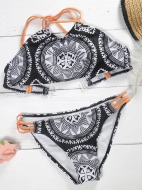 Black Totem Pattern Bikini Sets