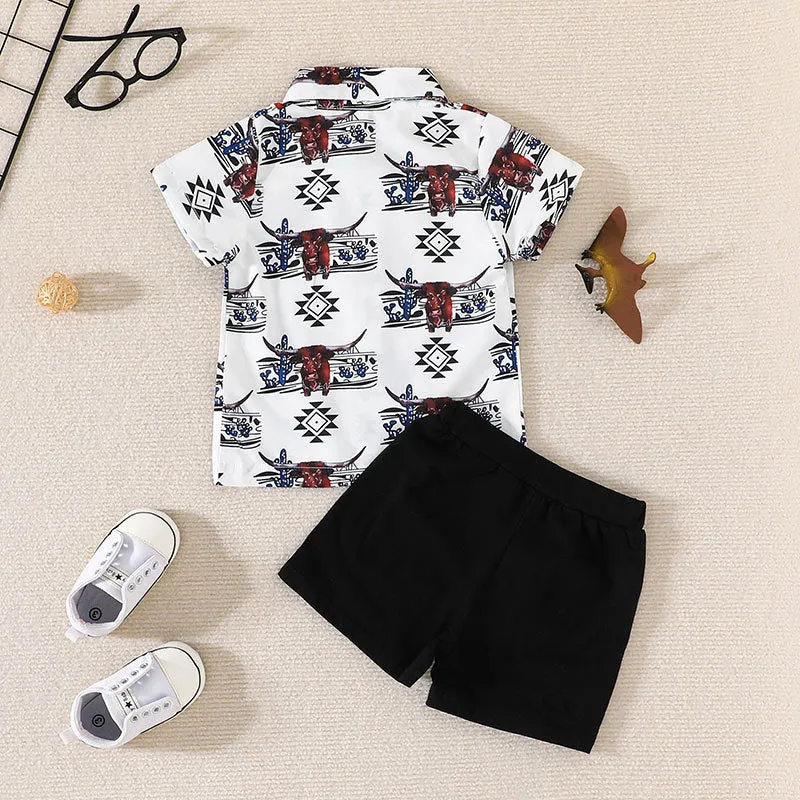 Boys' Short Sleeve Shirt shorts Two-piece Children's Summer Holiday Cartoon Print Suit