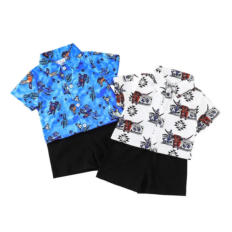 Boys' Short Sleeve Shirt shorts Two-piece Children's Summer Holiday Cartoon Print Suit