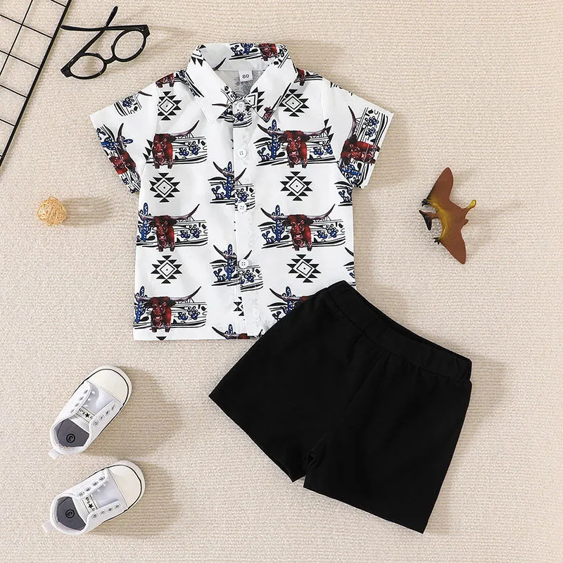 Boys' Short Sleeve Shirt shorts Two-piece Children's Summer Holiday Cartoon Print Suit