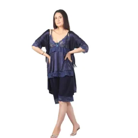 Bridal Nighty Dark Blue Honeymoon Nighty Women Nightwear 3 Pcs Set Women Sleepwear